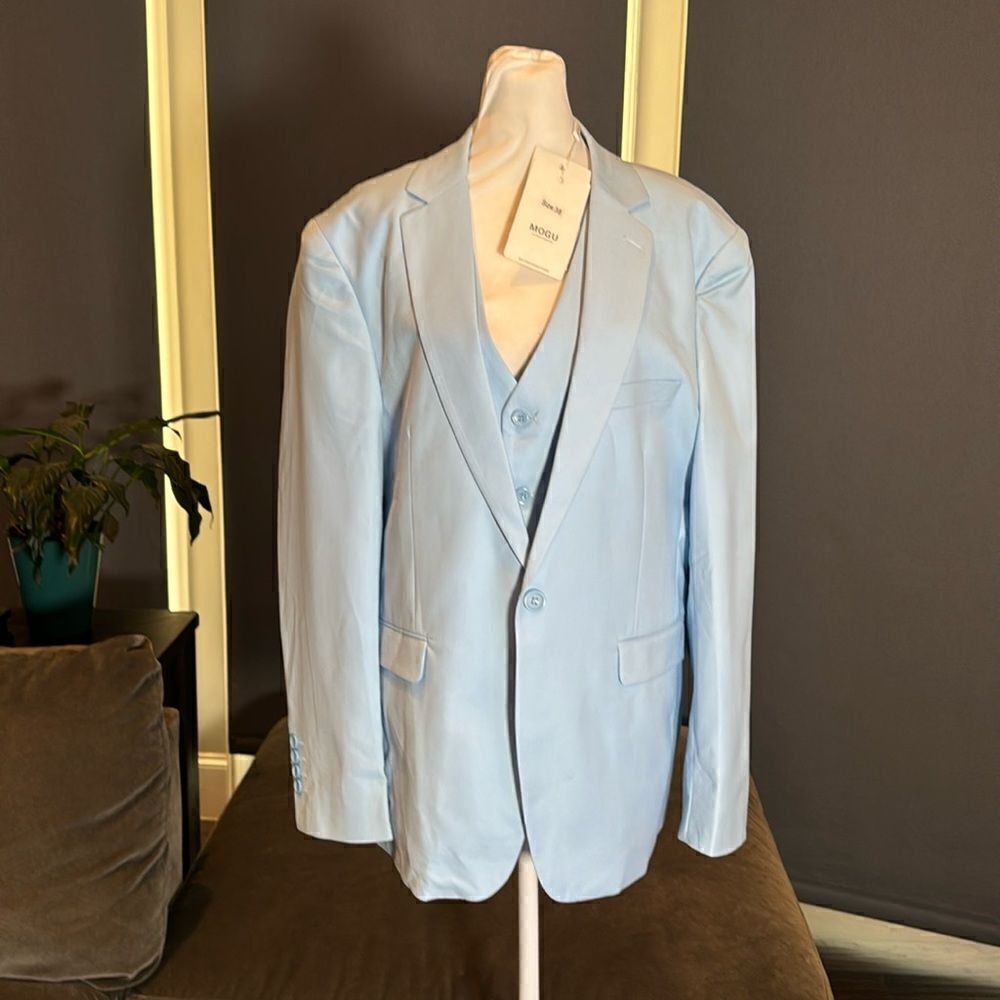 Men’s Pale Blue Slim Fit Dress Suit Jacket & Vest Size 38 NWT